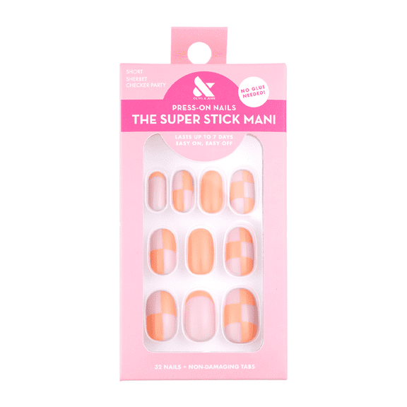Olive & June Super Stick Mani Round Short Press-On Nail Tabs, Sherbet Checker Party, 32 Pieces