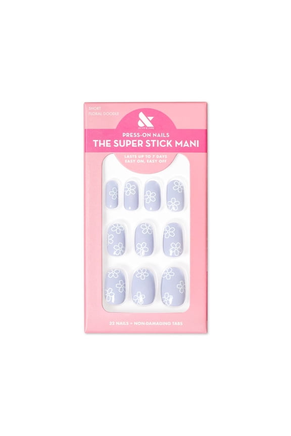 Super Stick Mani Round Short Press-On Tabs, Floral Doodle, 32 Pieces