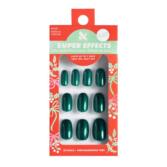 Olive & June Super Stick Mani Short Round Press-on Tabs, Emerald Chrome, 32 Pieces