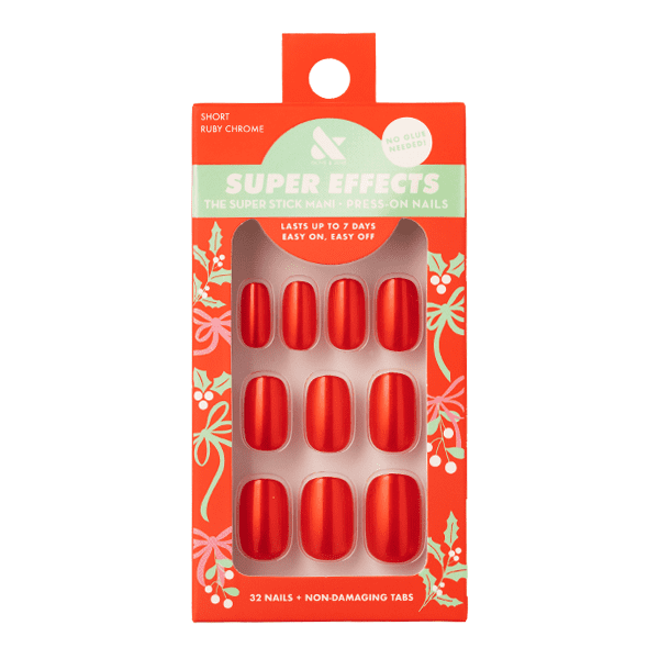 Olive & June Super Stick Tabs, Short Squoval Press-On Nails, Ruby Chrome, 32 Pieces
