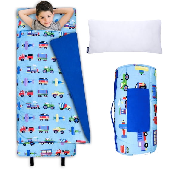 Olive Kids by Wildkin Original Nap Mat with Pillow, Features Trains, Planes and Trucks with Hook & Loop Fastener in Cotton Blend Materials
