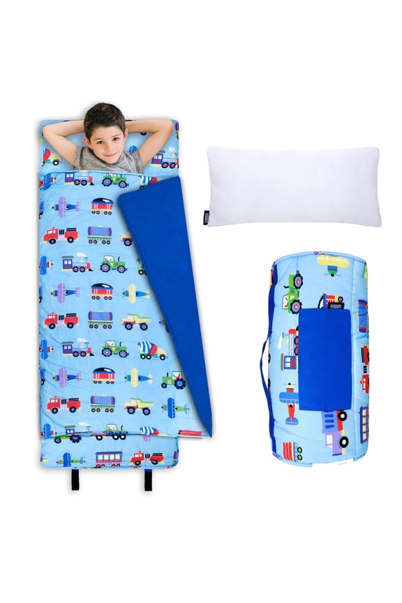 Olive Kids by Wildkin Original Nap Mat with Pillow, Features Trains, Planes and Trucks with Hook & Loop Fastener in Cotton Blend Materials