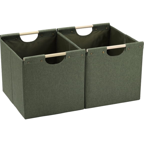 Olive Large Collapsible Linen Fabric Storage Baskets with Wooden Handles, Pack of 2