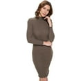 thumbnail image 1 of Women's Long Sleeve Midi Cocktail Bodycon Dress, Stretchy Ribbed Knit, High Neck(Olive Large Size), 1 of 6