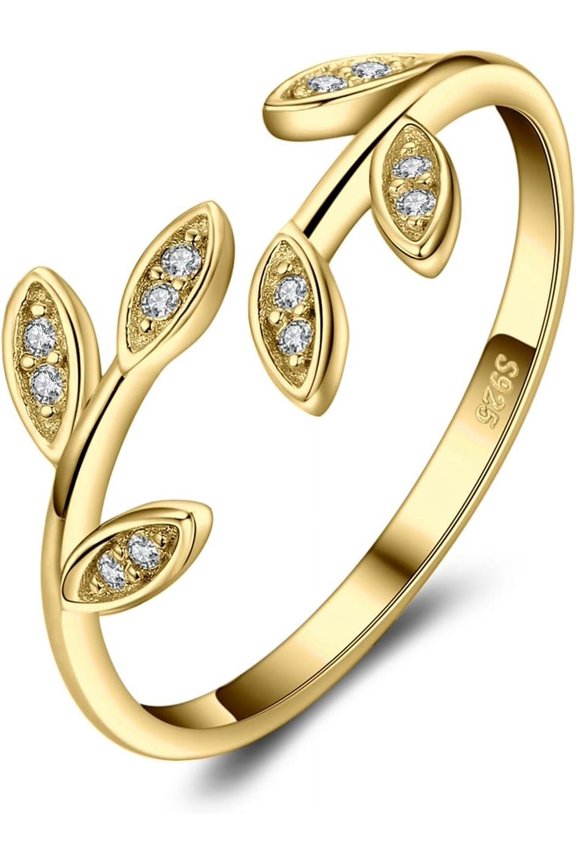 Olive Leaf Cubic Zirconia Open Adjustable Rings, 925 Sterling Silver Rings for Women, Simulated Diamond Cuff Finger Thumb Band Ring, Girls Womens Jewelry Gifts