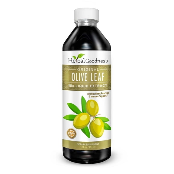 Olive Leaf Extract Liquid 12fl.oz, Organic Leaves, Healthy Heart Function & Immune Support, 15X Strength - Herbal Goodness