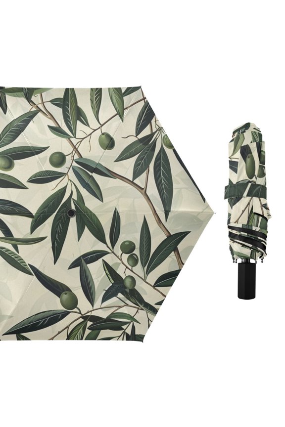 Olive Leaves and Branches All Weather Umbrella Triple Folding Parasol 6 Ribs UV Protection Portable
