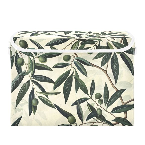 Olive Leaves and Branches Foldable Storage Bin with Lid and Handle Collapsible Storage Box 16.5 x 12.6 x 11.8 inches