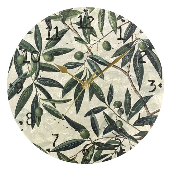 Olive Leaves and Branches Round Wall Clock Silent Analog Battery Operated Gold Pointer Home Decor 9.84" Diameter
