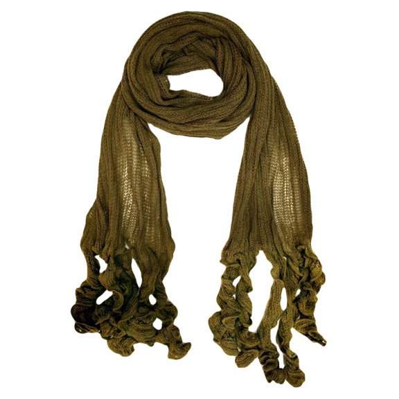 Olive Long Neck Scarf With Ruffled Tips