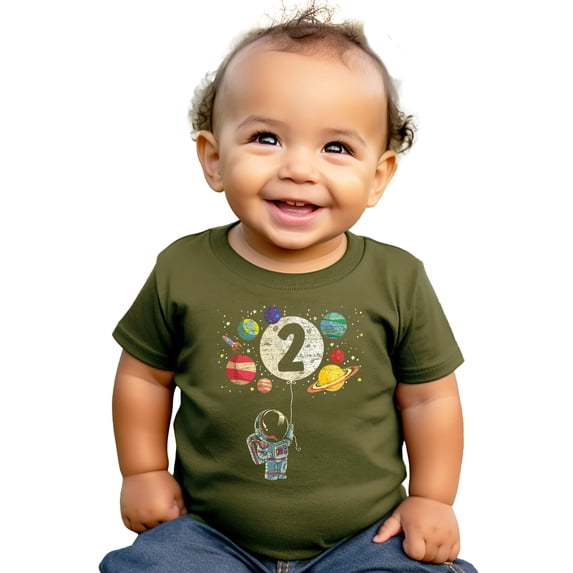 Olive Loves Apple 2nd Birthday Rocket Astronaut Themed T-Shirts with Moon Balloon and Planets for Boys and Girls Military Green Shirt 2T