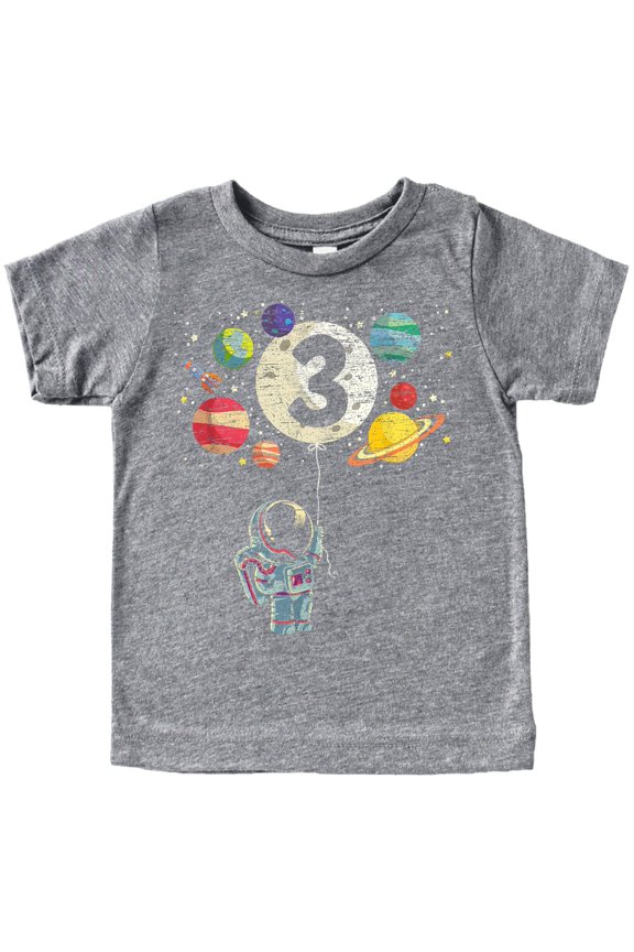 3rd Birthday Rocket Astronaut Themed T-Shirts with Moon Balloon and Planets for Boys and Girls Granite Heather Shirt 3T