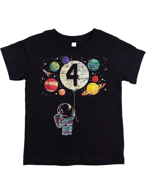 4th Birthday Rocket Astronaut Themed T-Shirts with Moon Balloon and Planets Black Shirt 5-6