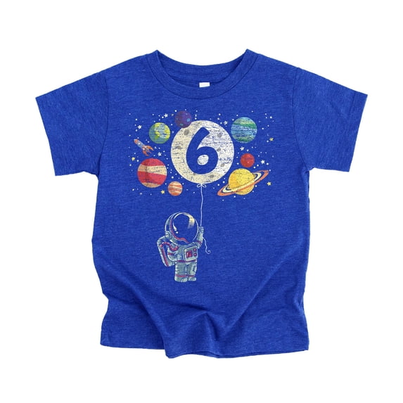 Olive Loves Apple 6th Birthday Rocket Astronaut Themed T-Shirts with Moon Balloon and Planets for Boys and Girls Vintage Royal Shirt Youth Small