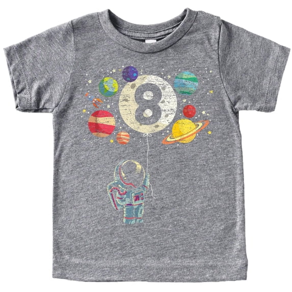 Olive Loves Apple 8th Birthday Rocket Astronaut Themed T-Shirts with Moon Balloon and Planets for Boys and Girls Granite Heather Shirt Youth Small
