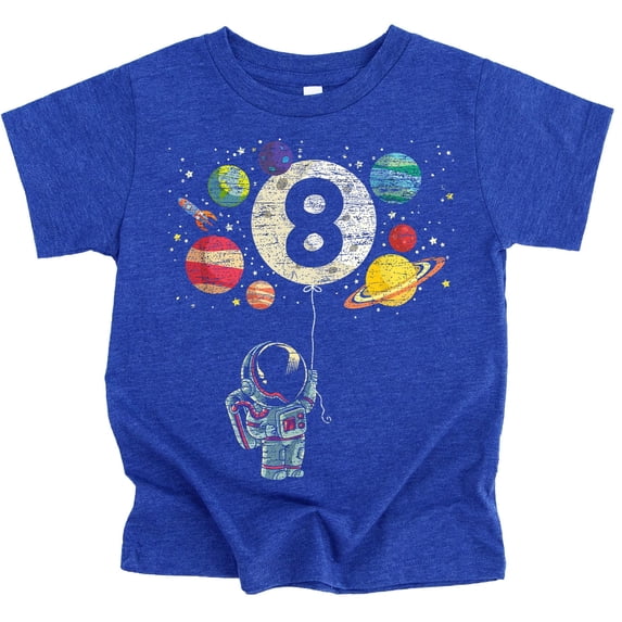 Olive Loves Apple 8th Birthday Rocket Astronaut Themed T-Shirts with Moon Balloon and Planets for Boys and Girls Vintage Royal Shirt 5-6
