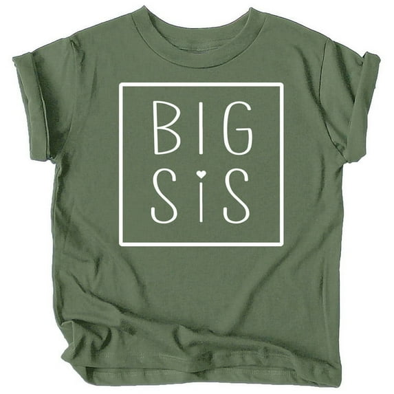 Olive Loves Apple Big Sis Square Sibling Reveal Announcement Shirt for Baby and Toddler Girls Sibling Outfits Military Green Shirt