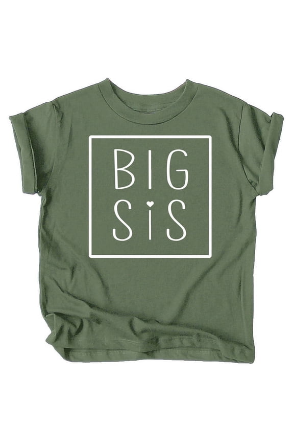 Big Sis Square Sibling Reveal Announcement Shirt for Baby and Toddler Girls Sibling Outfits Military Green Shirt