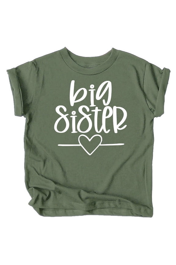 Big Sister Heart Sibling Reveal T-Shirt for Baby and Toddler Girls Sibling Outfits Military Green Shirt
