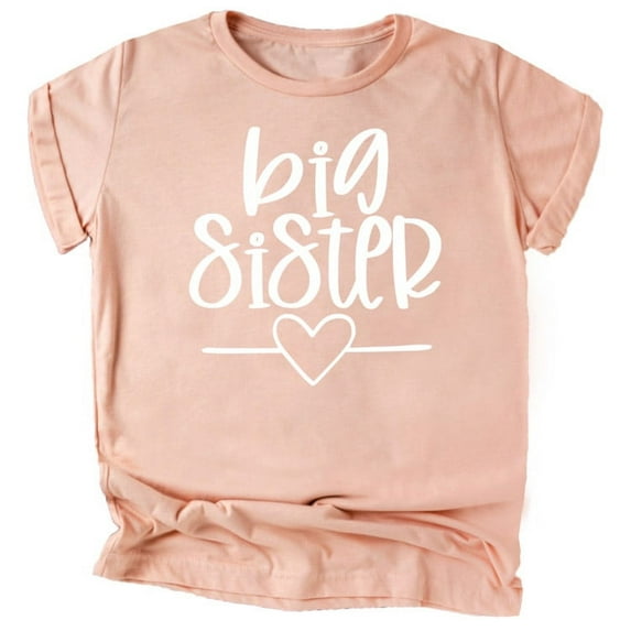 Olive Loves Apple Big Sister Heart Sibling Reveal T-Shirt for Baby and Toddler Girls Sibling Outfits White on Peach Shirt Youth Large