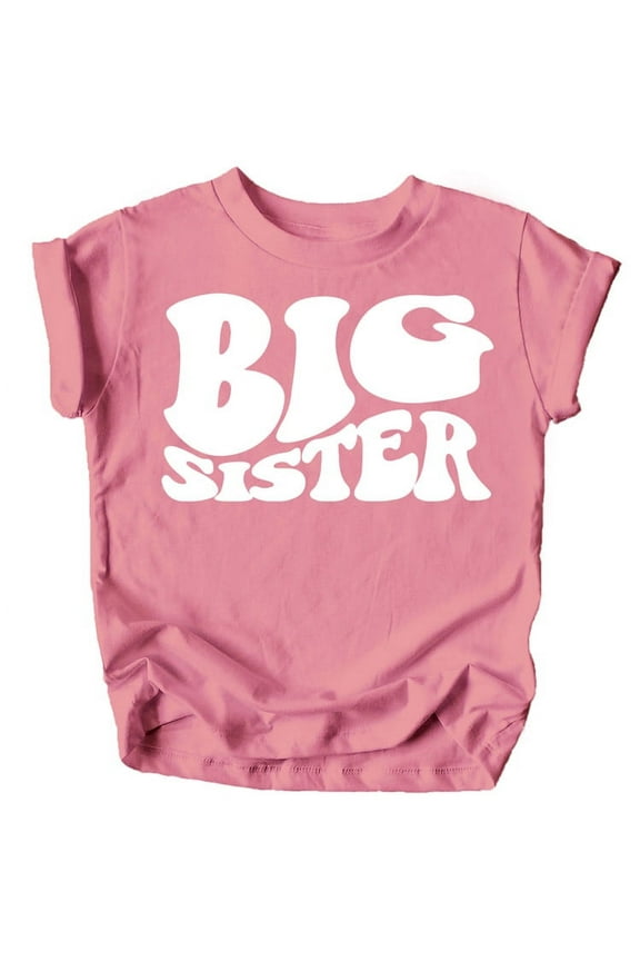 Big Sister Retro Wavy Matching Sibling Shirts White on Mauve Shirt 12 Months