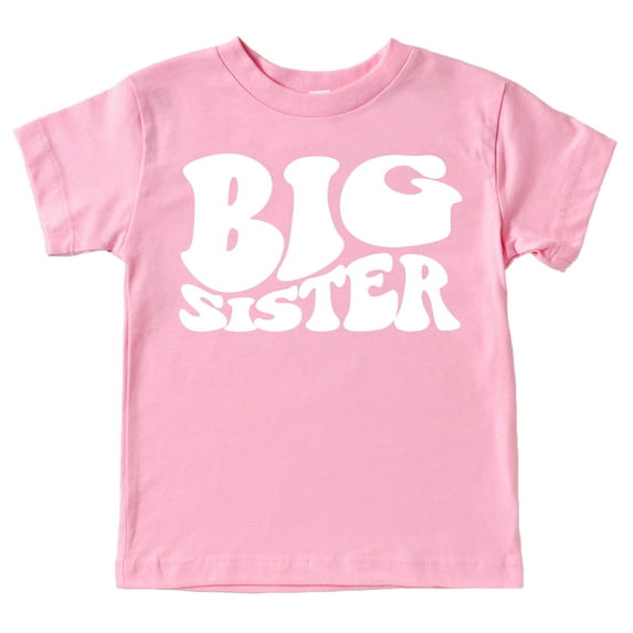 Olive Loves Apple Big Sister Retro Wavy Matching Sibling Shirts White on Pink Shirt Youth Large