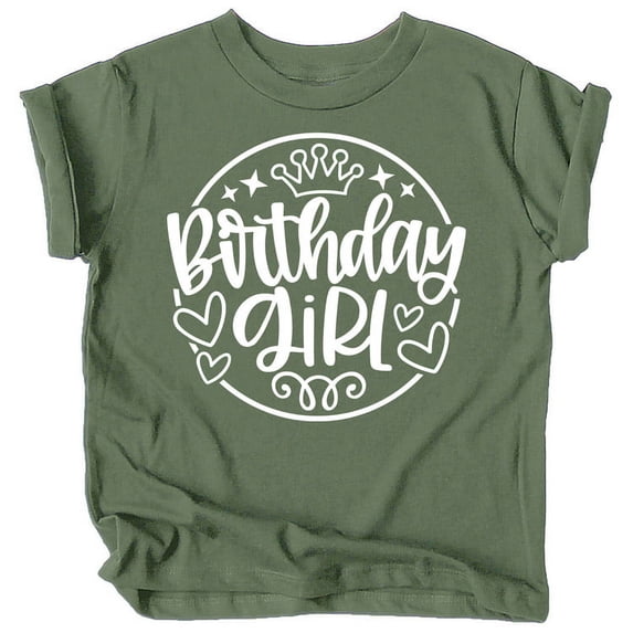 Olive Loves Apple Birthday Girl Crown Shirt for Baby & Toddler Youth Girls White on Military Green Shirt Youth Large