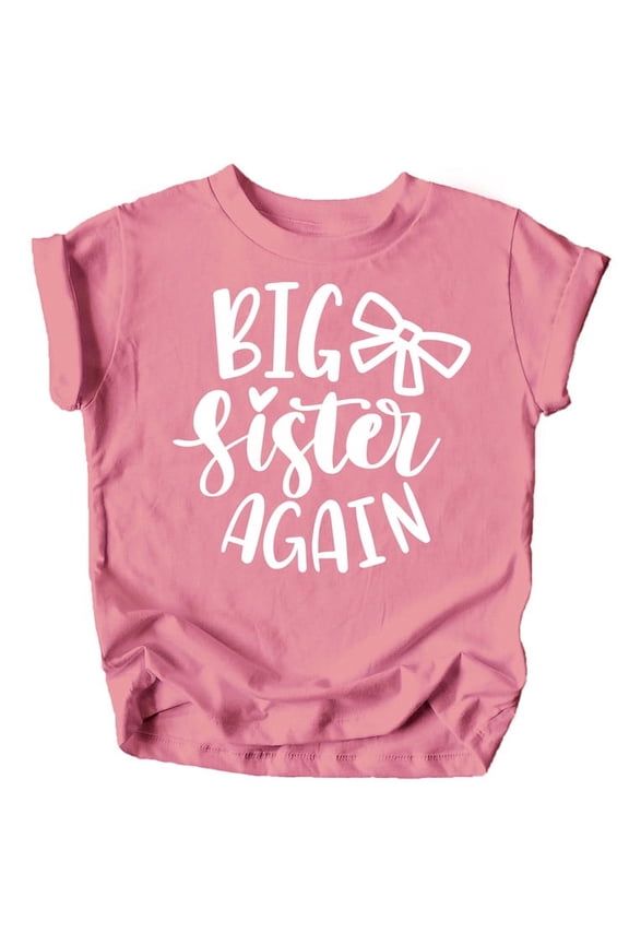 Bow Big Sister Again Sibling Announcement Shirts for Baby and Toddler Girls Sibling Outfits Mauve Shirt