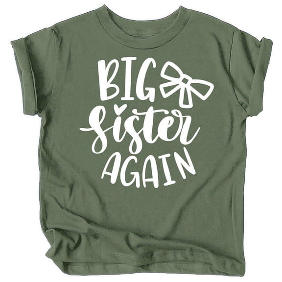 Olive Loves Apple Bow Big Sister Again Sibling Announcement Shirts for Baby and Toddler Girls Sibling Outfits Military Green Shirt