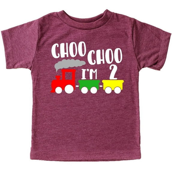 Olive Loves Apple Choo Choo I'm Two Boys 2nd Birthday T-Shirts for Baby Boys Second Birthday Outfit Vintage Burgundy Shirt 4T