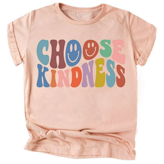 Olive Loves Apple Choose Kindness Colorful Retro Shirt for Baby Toddler and Kids for Girls White on Peach Shirt 2T