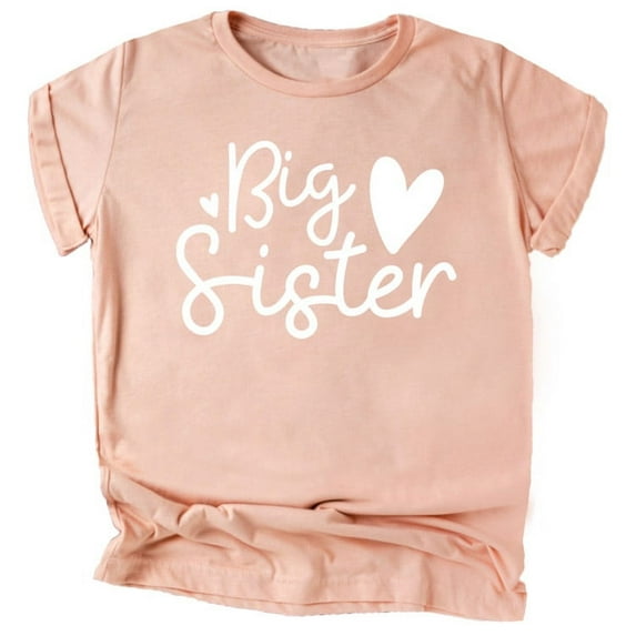 Olive Loves Apple Cursive Big Sister Hearts Sibling Reveal T-Shirt for Baby and Toddler Girls Sibling Outfits White on Peach Shirt 2T