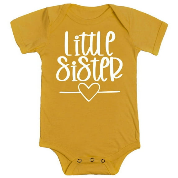 Olive Loves Apple Little Sister Heart Bodysuit for Baby Girls Sister Sibling Outfits White on Mustard Bodysuit 6 Months