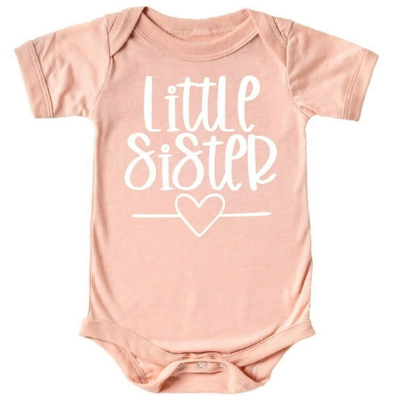 Olive Loves Apple Little Sister Heart Bodysuit for Baby Girls Sister Sibling Outfits White on Peach Bodysuit 12 Months