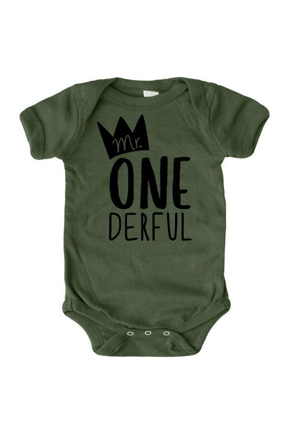 Mr.One-Derful 1st Birthday Bodysuit for Baby Boys First Birthday Black on Military Green Bodysuit 18 Months