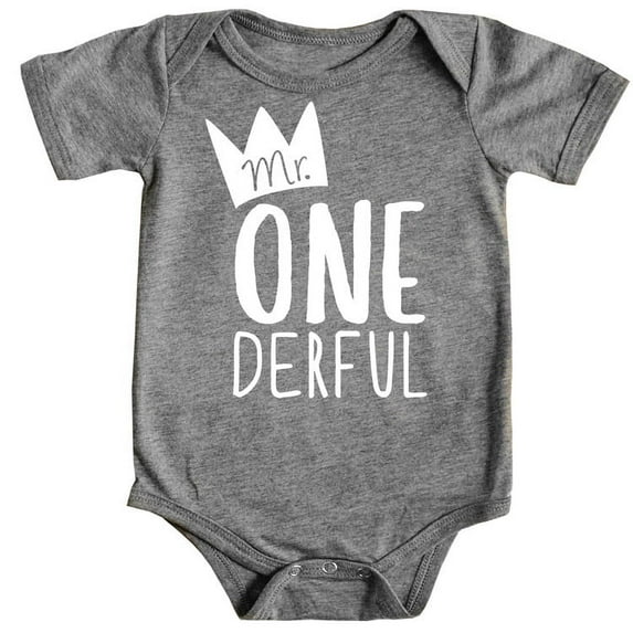 Olive Loves Apple Mr.One-Derful 1st Birthday Bodysuit for Baby Boys First Birthday Granite Heather Bodysuit