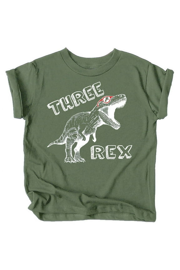 Three Rex Dinosaur 3rd Birthday T-Shirts for Baby Girls and Boys Third Birthday Outfit White on Military Green Shirt 3T