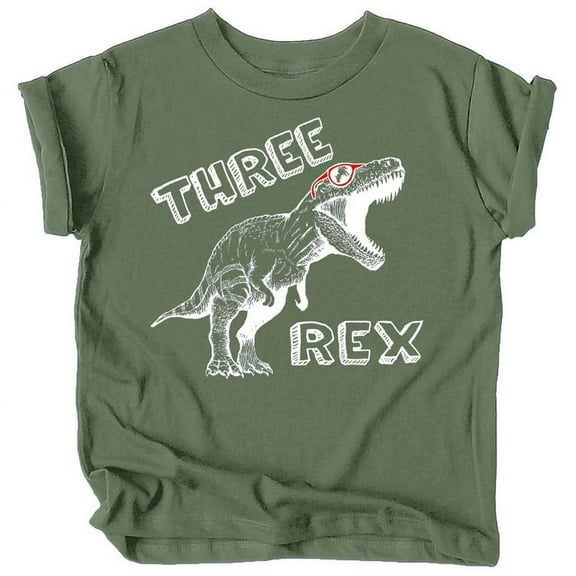 Olive Loves Apple Three Rex Dinosaur 3rd Birthday T-Shirts for Baby Girls and Boys Third Birthday Outfit White on Military Green Shirt 5-6