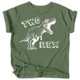 thumbnail image 1 of Olive Loves Apple Two Rex Dinosaur 2nd Birthday T-Shirts for Baby Girls and Boys Second Birthday Outfit White on Military Green Shirt 3T, 1 of 2