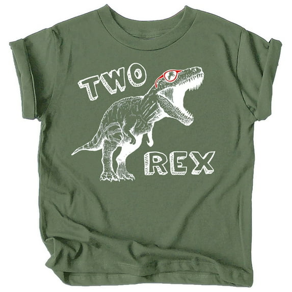 Olive Loves Apple Two Rex Dinosaur 2nd Birthday T-Shirts for Baby Girls and Boys Second Birthday Outfit White on Military Green Shirt 3T