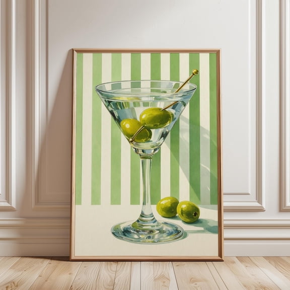 Olive Martini Poster, Green Stripes, Minimalist Cocktail Art, Mid Century Bar Wall Decor Unframed Paper Print
