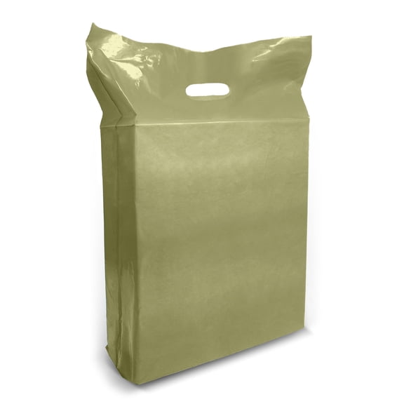 Olive Merchandise Plastic Shopping Bags - 100 Pack 15" x 18+2" 1.25 mil Thick, 2 in Gusset - Die Cut Handles - Perfect for Retail, Party Favors, Birthdays, Parties - Color Olive - 100% Recyclable