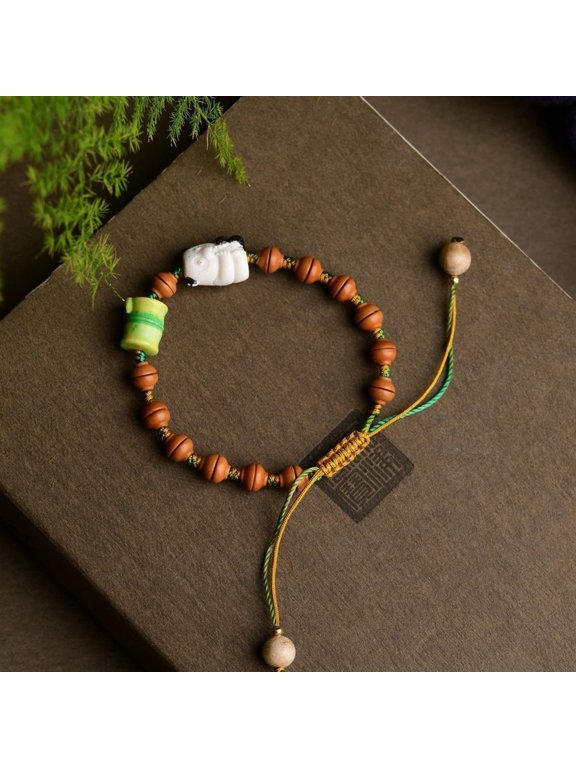 Olive Nut Bracelet with Panda Bead Bamboo Beads and Bowl Bead Chinese Vintage Style Collectible Jewelry for Men Women