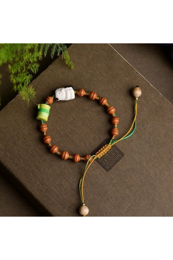 Olive Nut Bracelet with Panda Bead Bamboo Beads and Bowl Bead Chinese Vintage Style Collectible Jewelry for Men Women