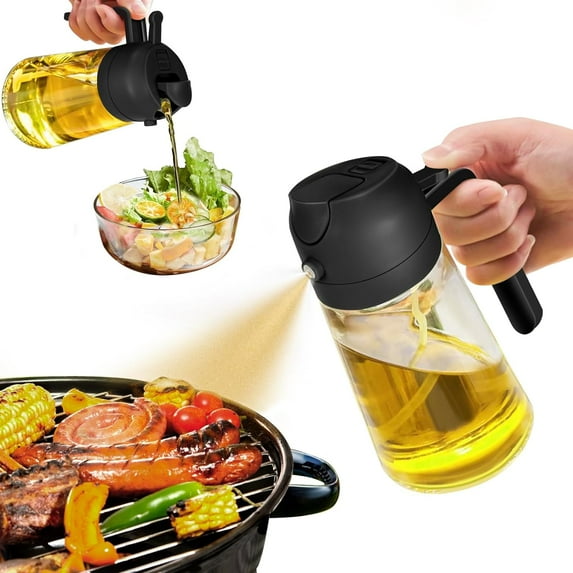 Olive Oil Dispenser, 2 in 1 Oil Sprayer for Cooking, 16oz/470ml Glass Oil Spray Bottle with Pourer, Food-grade Oil Dispenser and Oil Sprayer for Kitchen, Salad, Frying, BBQ (Black)