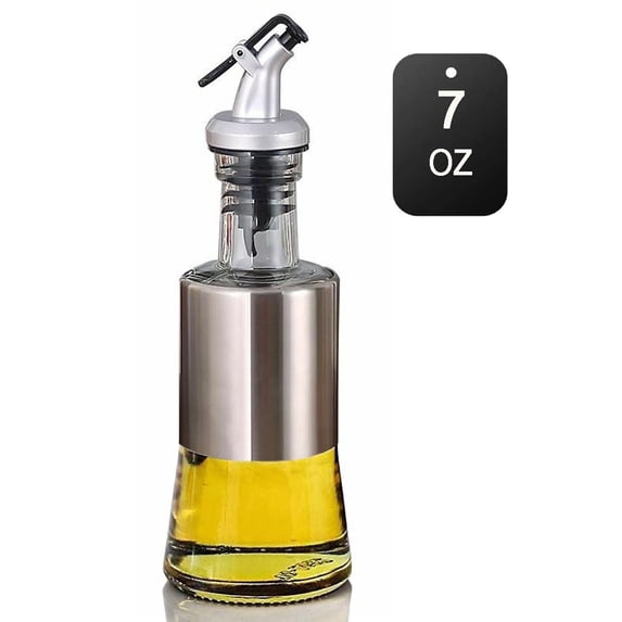Olive Oil Dispenser - 7oz (200ml) Glass & Stainless Steel Oil & Vinegar Cruet with No-drip Spout