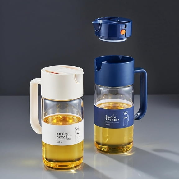 Olive Oil Dispenser Bottle 18.5 oz, Drip-Free Spout & Auto Flip Top, Glass Oil and Vinegar Dispenser for Kitchen, Soy Sauce Bottle, Cooking Oil Dispenser with Pour Spout (Blue & White)