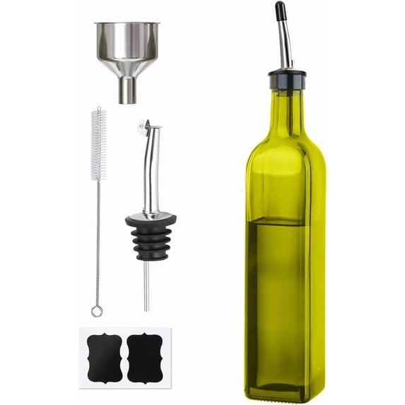 Dompilc 17 oz Glass Olive Oil Bottle and Vinegar Dispenser Set with 2 Stainless Steel Pourers, 2 Labels,1 Brush and 1 Funnel