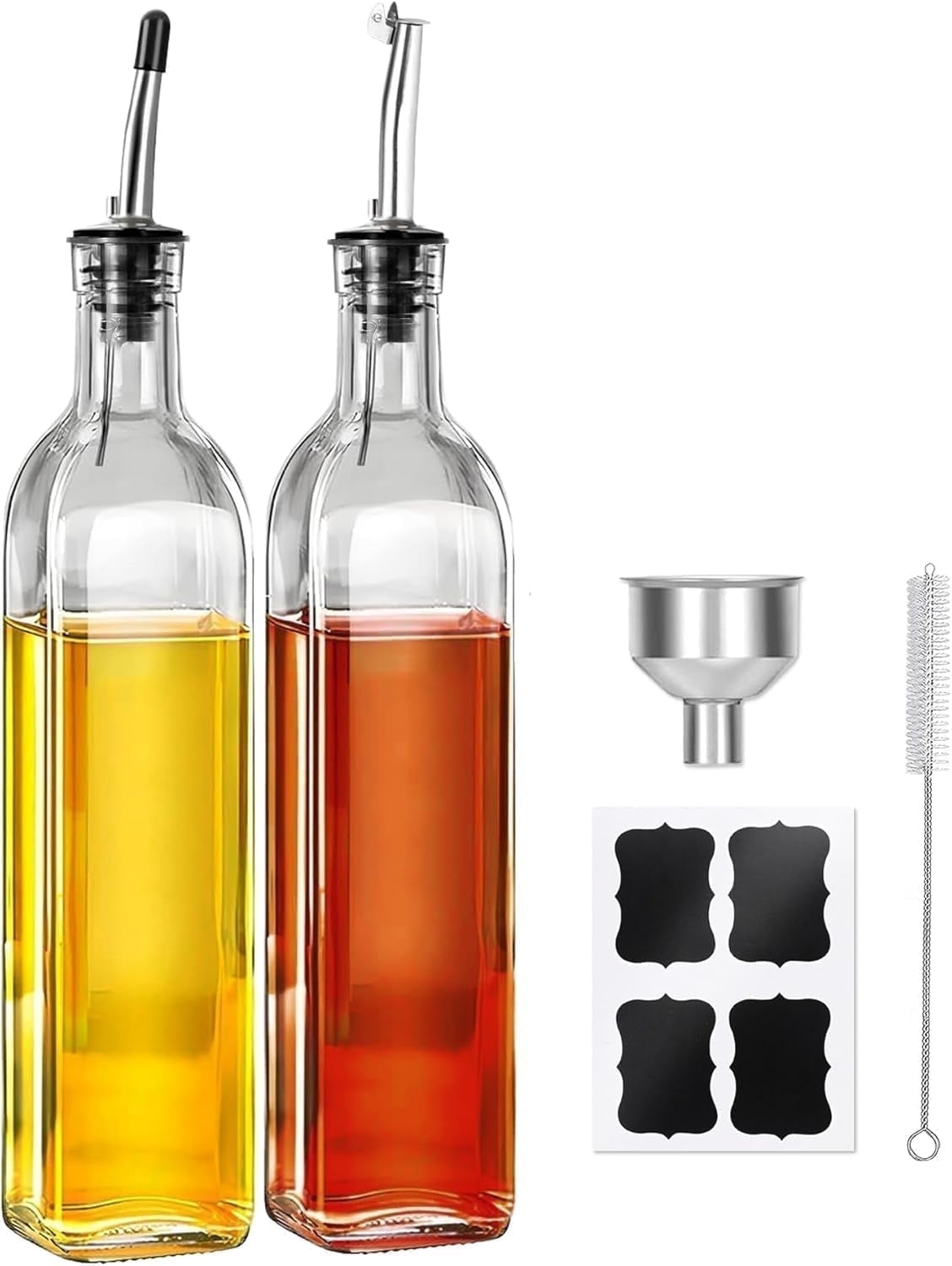 Dompilc 17 oz Glass Olive Oil Bottle and Vinegar Dispenser Set 2PC with 4 Labels,1 Brush and 1 Funnel