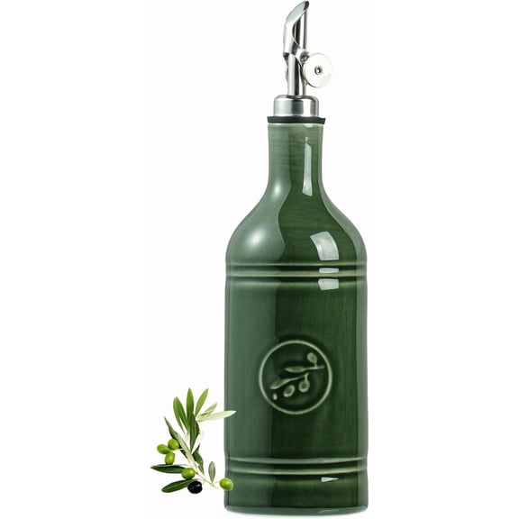 Olive Oil Dispenser Bottle with Spout, 18 oz Ceramic Oil Dispensers for Kitchen, Opaque Cruet, EVOO & Vinegar Bottle with Automatic Stainless Steel Pourer, Pack of 1, Jade Green